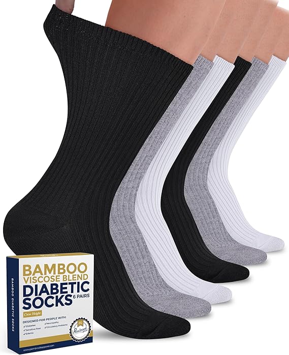 Pembrook Ribbed Knit Bamboo Viscose Diabetic Socks - 6 Pairs Crew Neuropathy Socks for Women | Diabetic Socks for Women