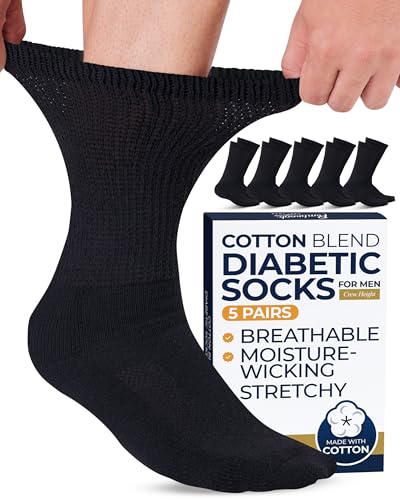 Pembrook Cotton Diabetic Socks for Men - 5 Pairs Crew Diabetic Socks for Men 9-12 & 12-15, Non-Binding, Moisture-Wicking