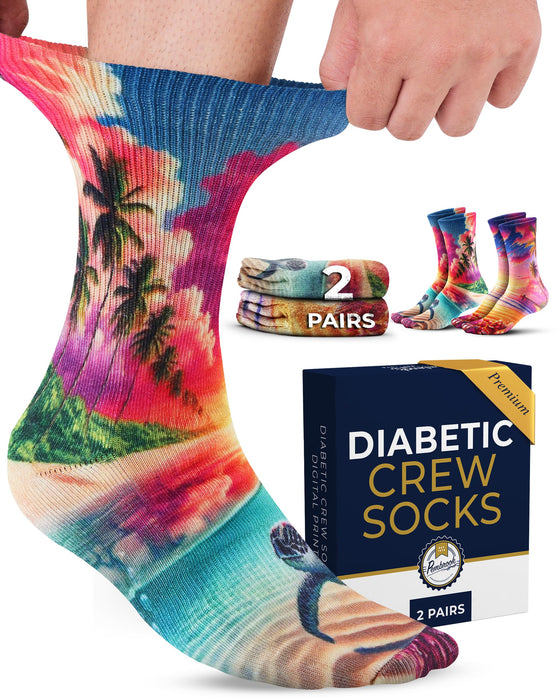 Pembrook Playful Prints Premium Diabetic Socks for Women and Men, Wide Non Binding Crew Neuropathy Socks for Women, 2 Pairs