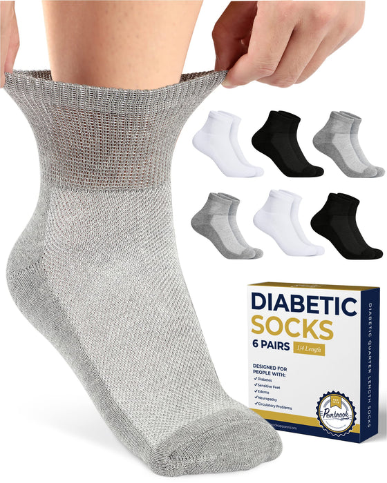 Pembrook Ankle Diabetic Socks for Women & Men | 6 Pairs | Wide Non Binding Socks Quarter Length | Edema Neuropathy Socks