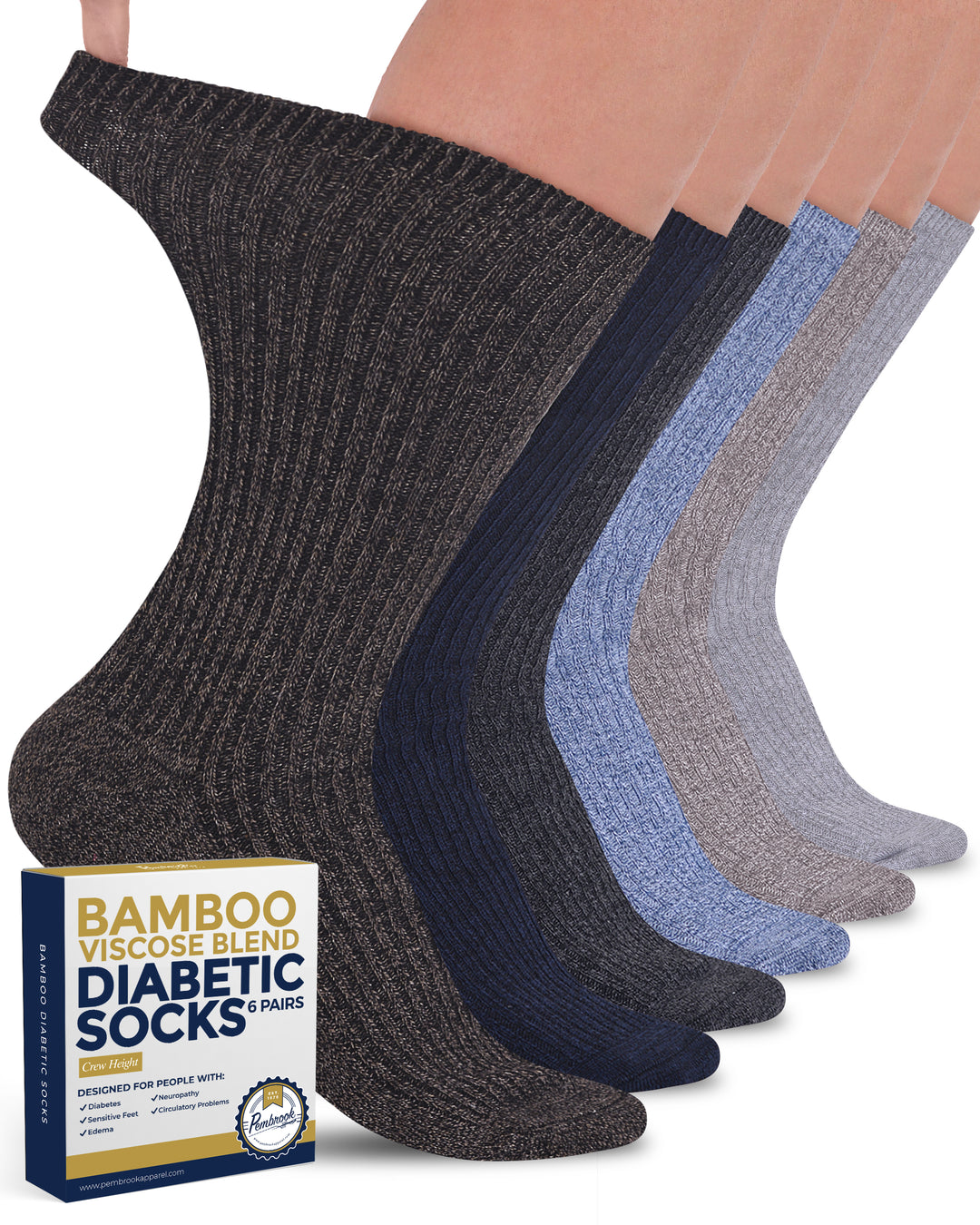 Set of diabetic socks in various colors with a box labeled &