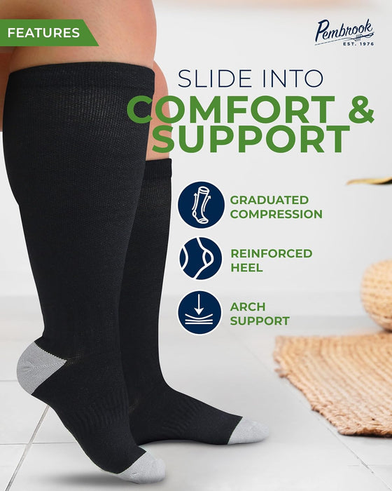 Pembrook 3 Pairs Plus Size Compression Socks Wide Calf - 15-20 mmHg Bamboo Viscose Compression Socks for Women Wide Calf