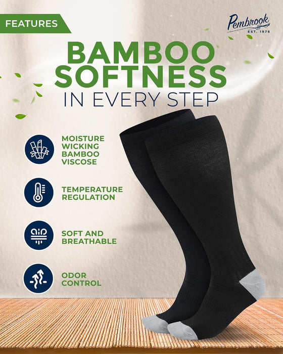 Pembrook 3 Pairs Plus Size Compression Socks Wide Calf - 15-20 mmHg Bamboo Viscose Compression Socks for Women Wide Calf