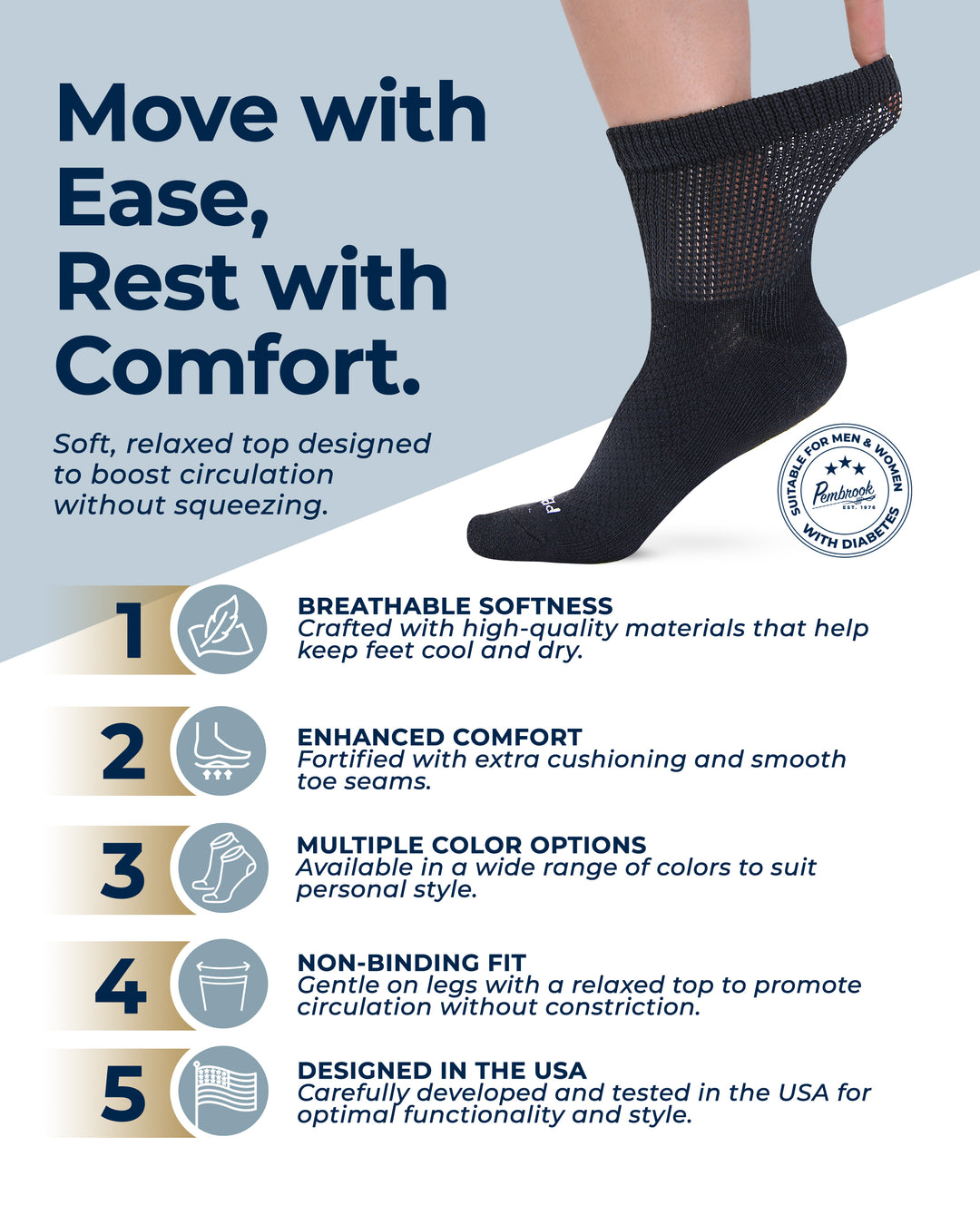 Black sock with text highlighting comfort features on a light gray background