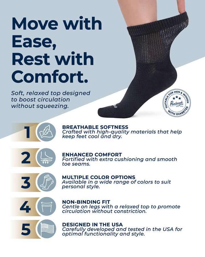 Black sock with text highlighting comfort features on a light gray background