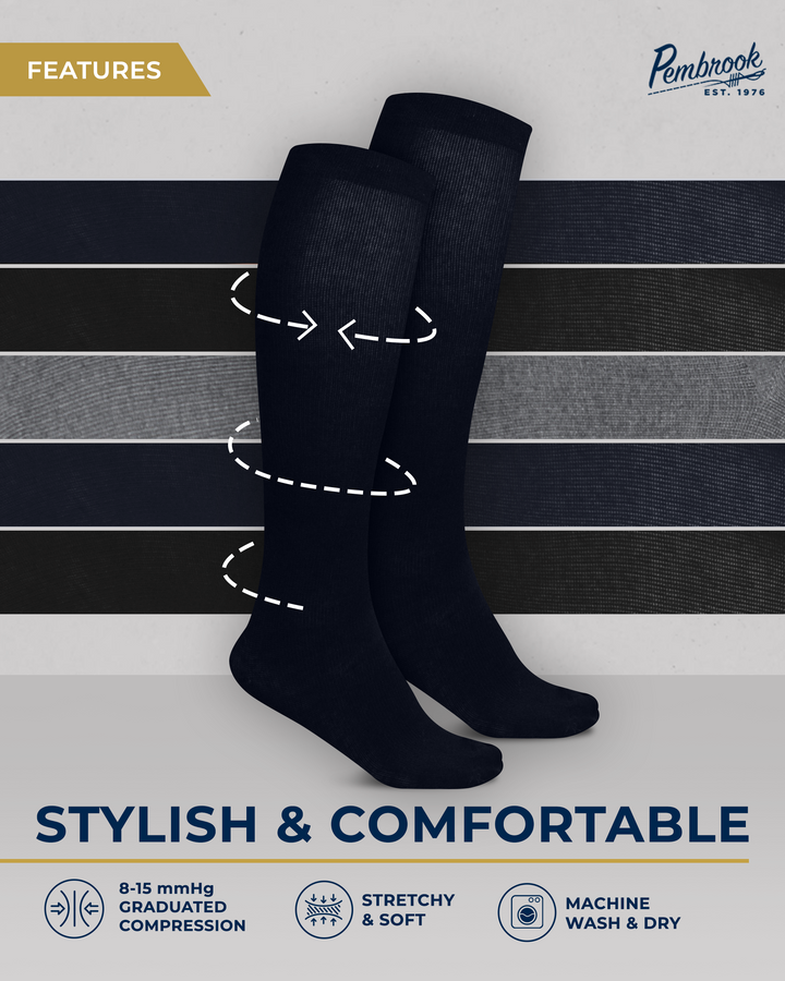 Pembrook Light Compression Socks for Women - 6 Pairs | 8-15 mmHg Cotton