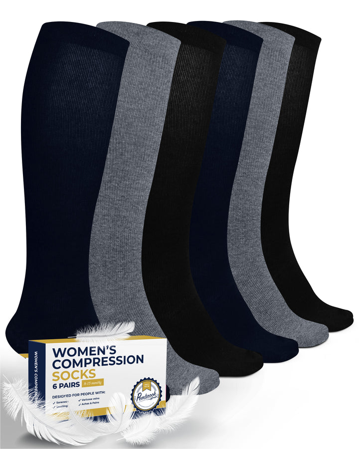 Pembrook Light Compression Socks for Women - 6 Pairs | 8-15 mmHg Cotton