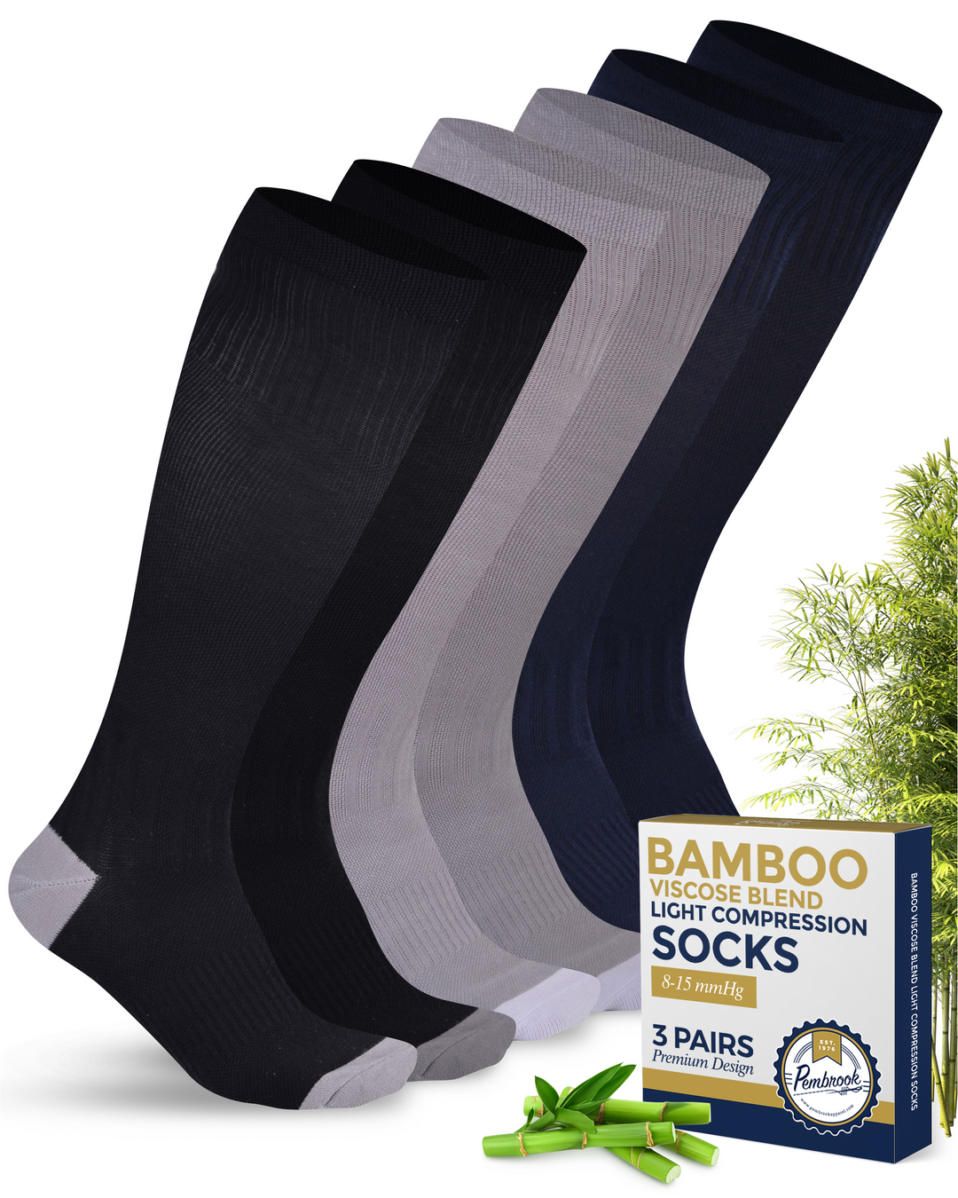 Pembrook Bamboo Light Compression Socks: 3 Pairs  | 8-15 mmHg