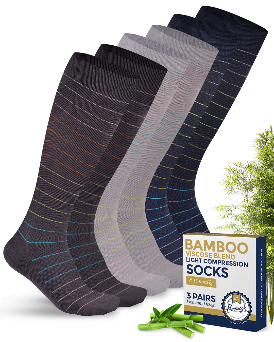 Pembrook Bamboo Light Compression Socks: 3 Pairs  | 8-15 mmHg