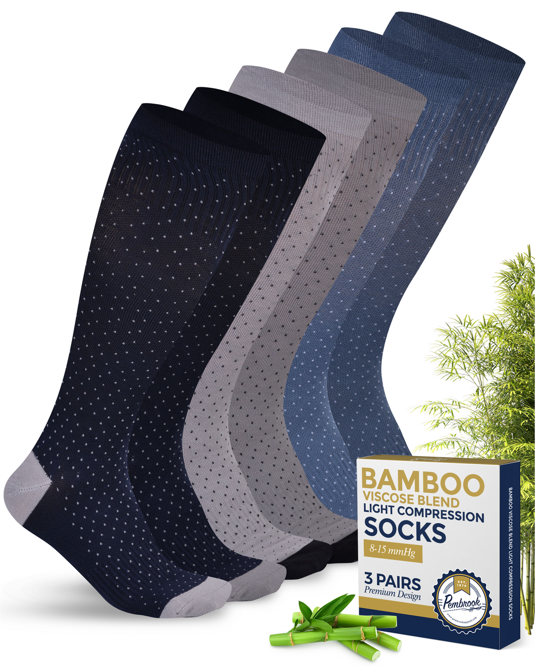 Pembrook Bamboo Light Compression Socks: 3 Pairs  | 8-15 mmHg