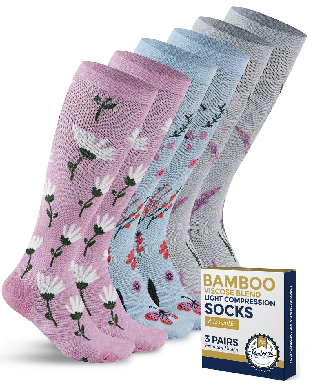 Pembrook Bamboo Light Compression Socks: 3 Pairs  | 8-15 mmHg