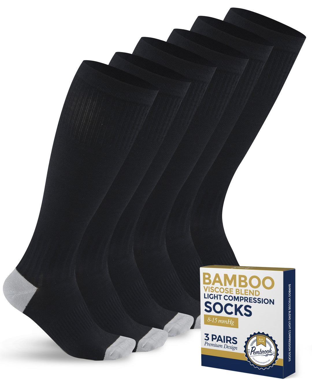 Pembrook Bamboo Light Compression Socks: 3 Pairs  | 8-15 mmHg