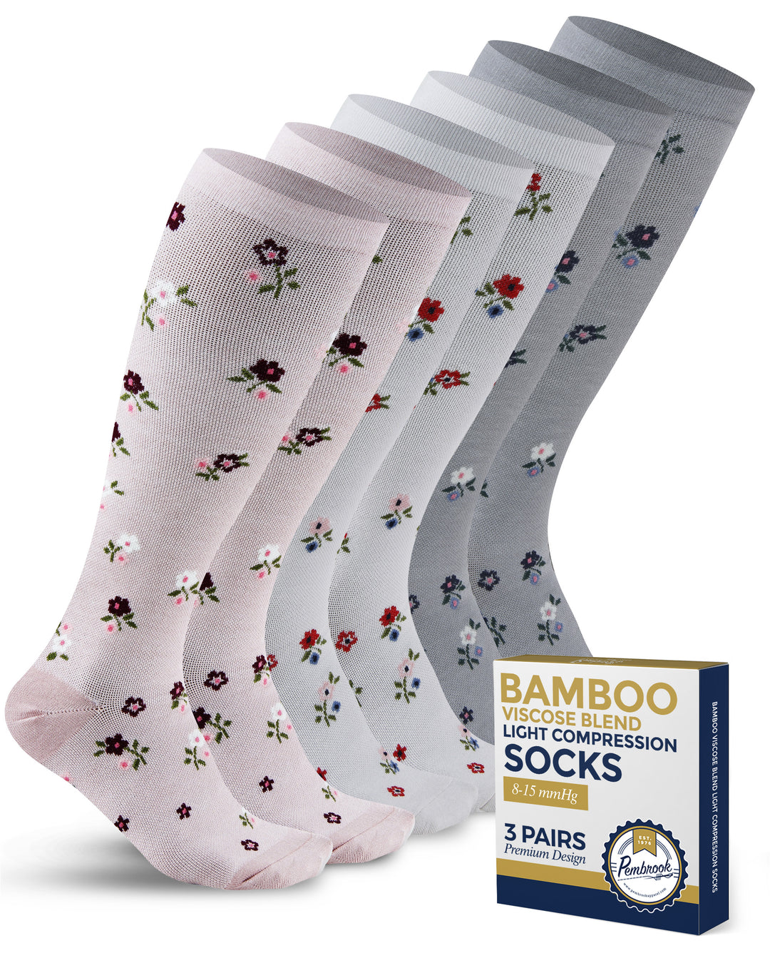 Pembrook Bamboo Light Compression Socks: 3 Pairs  | 8-15 mmHg