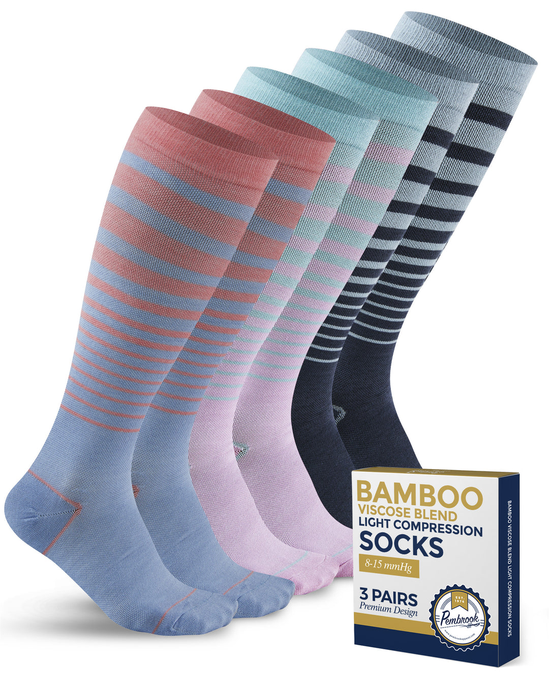 Pembrook Bamboo Light Compression Socks: 3 Pairs  | 8-15 mmHg