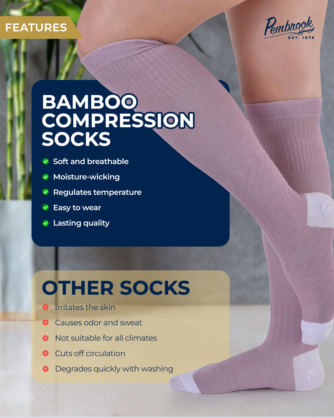 Pembrook Bamboo Light Compression Socks: 3 Pairs  | 8-15 mmHg