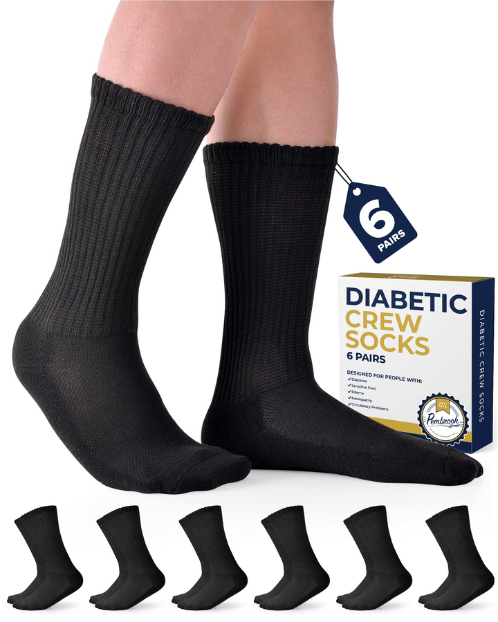 Black diabetic crew socks with packaging and additional pairs displayed below on a white background