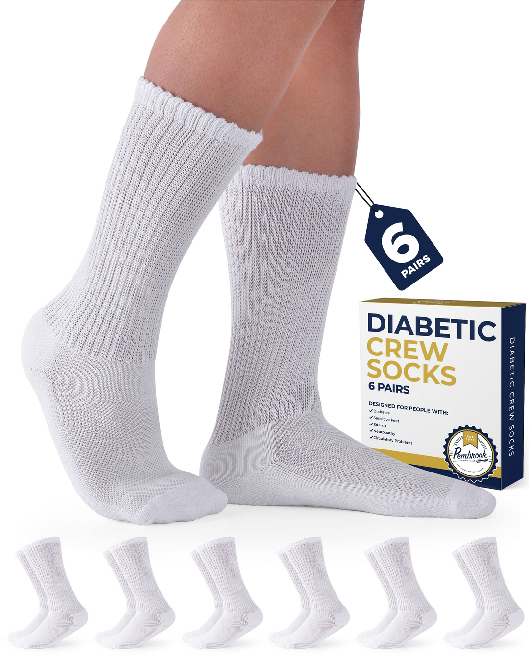 White diabetic crew socks with packaging and additional socks displayed on a white background