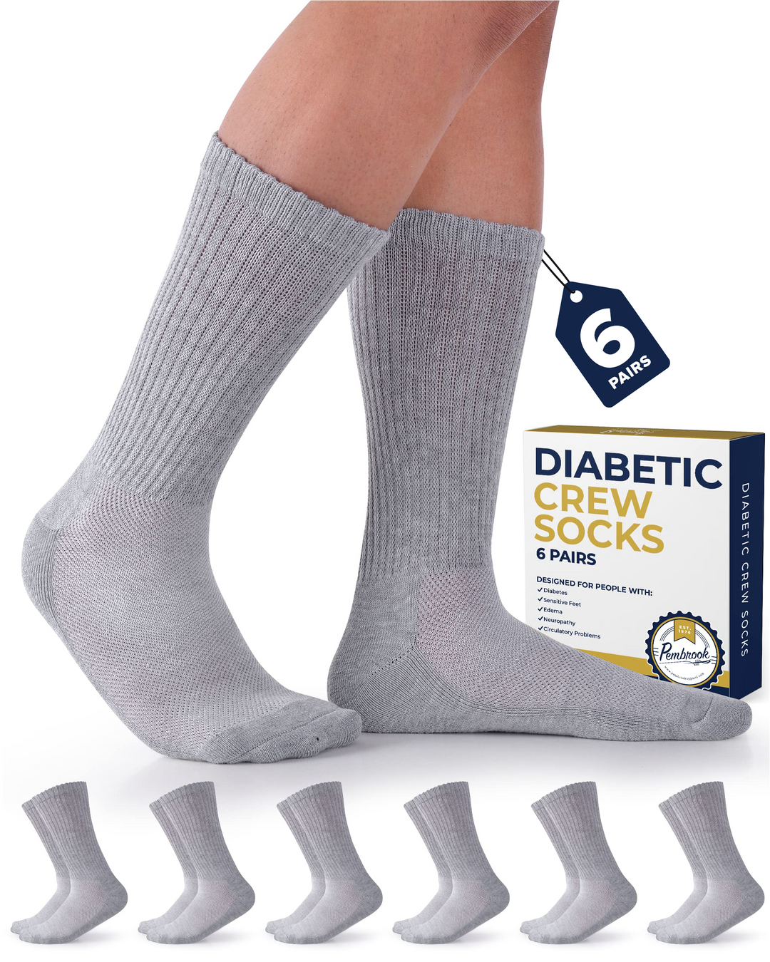 Gray diabetic crew socks with packaging and additional socks displayed on a white background