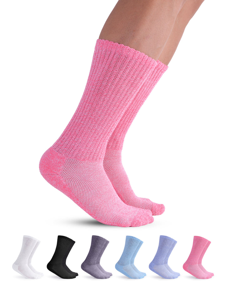 Pink socks being worn with a set of six pairs displayed below on a white background.