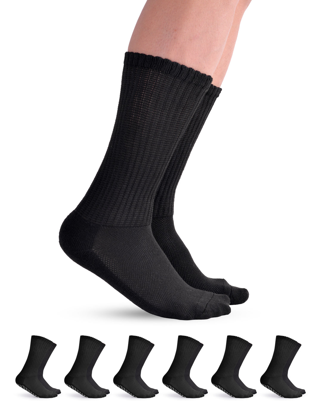 Black socks being worn with a set of six additional black socks displayed below on a white background.