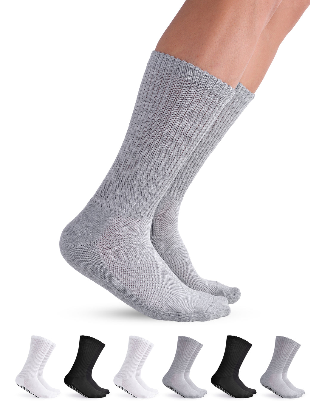 Gray socks with a set of six pairs in different colors on a white background