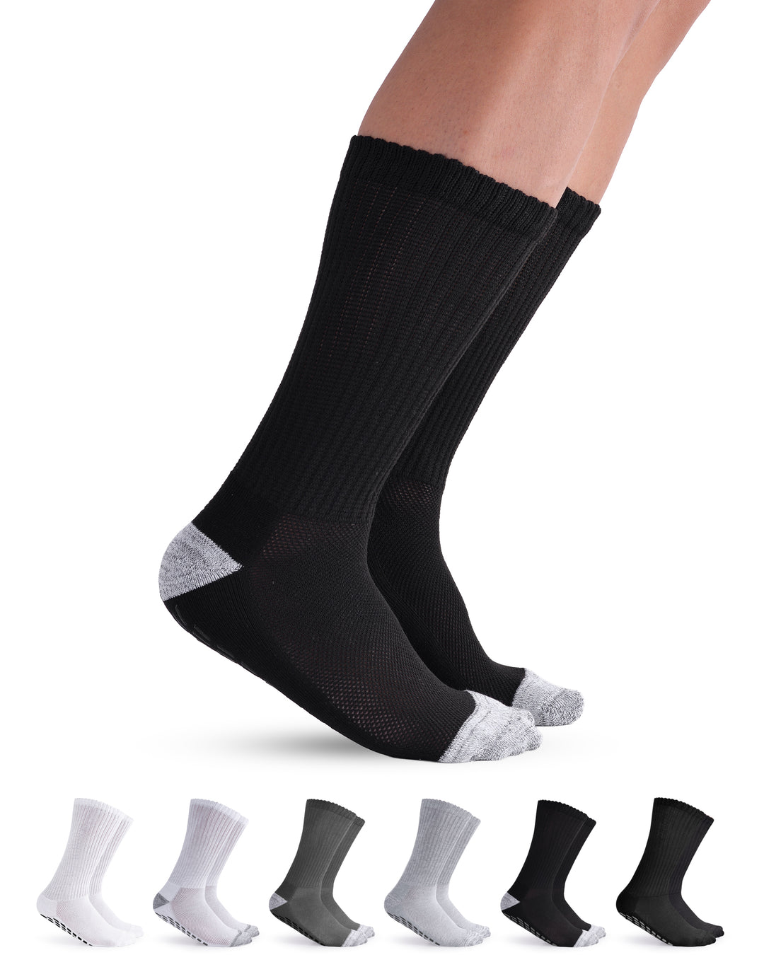 Black socks with gray accents worn by a person, with six pairs of socks displayed below on a white background.