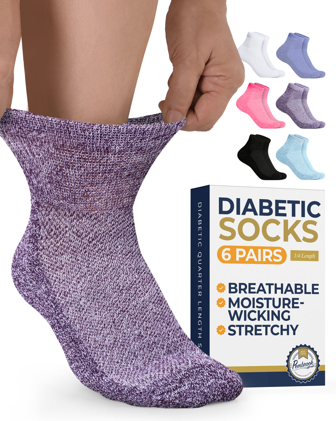 Purple diabetic sock being worn with a box of 6 pairs of diabetic socks in the background.