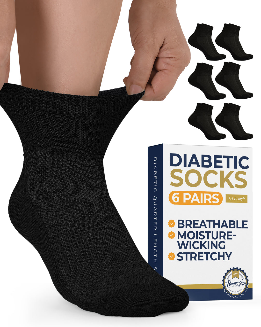 Black diabetic socks with packaging and additional pairs displayed.