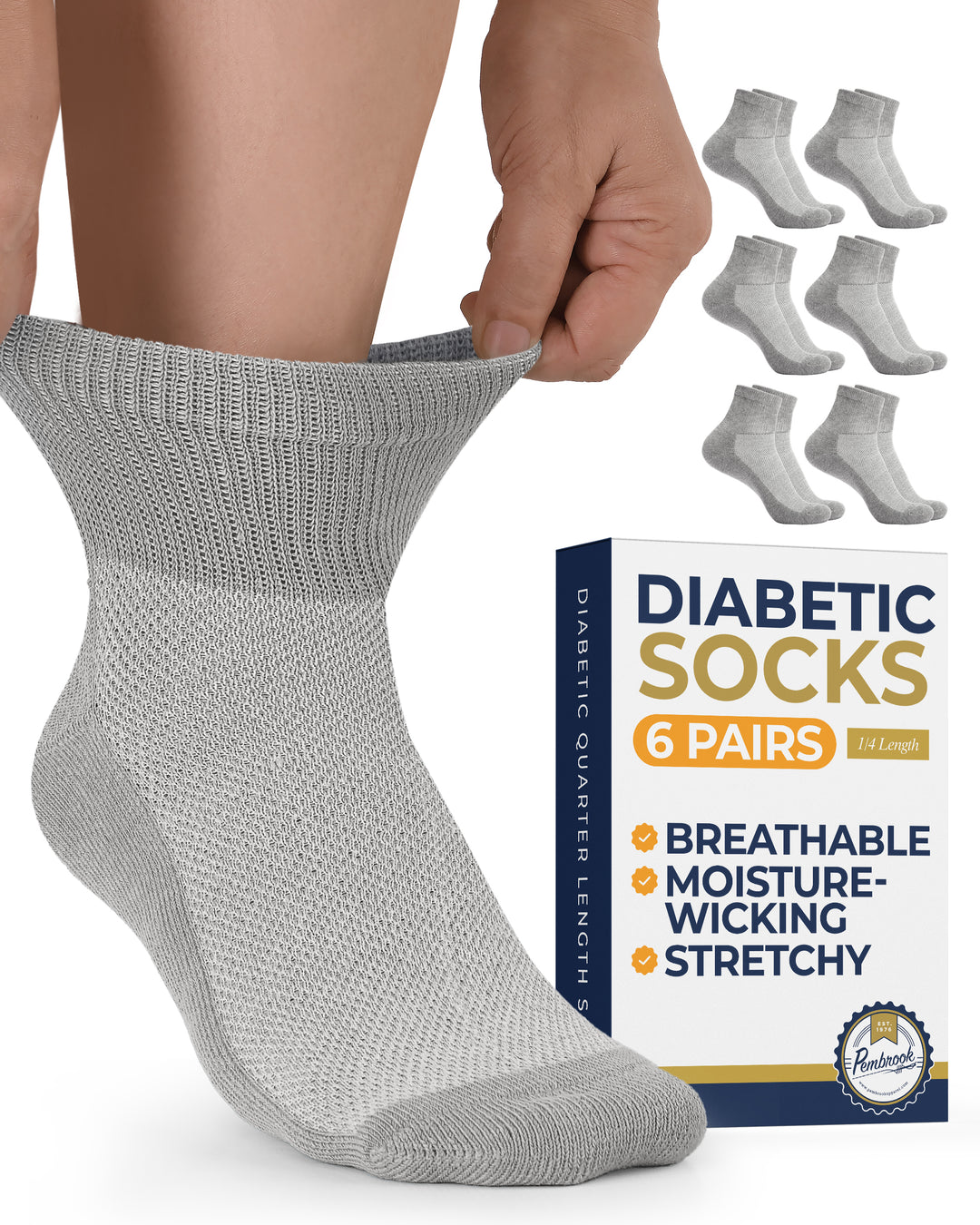 Gray diabetic sock being worn with a box of six pairs of diabetic socks in the background.