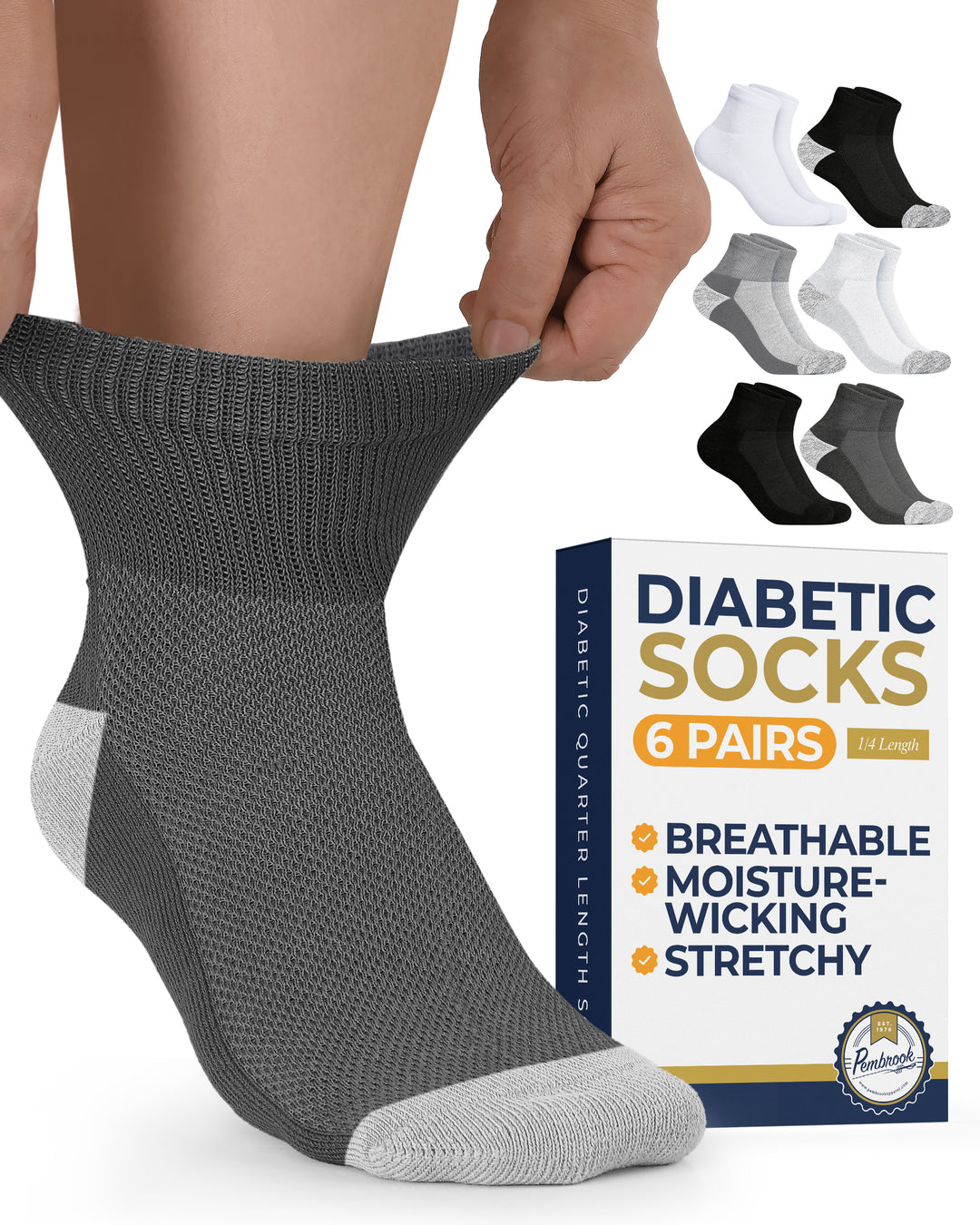 Gray diabetic sock being worn with a box of 6 pairs of diabetic socks in the background.