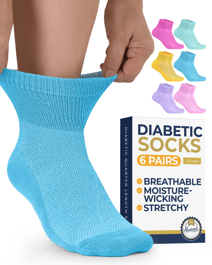 Blue diabetic sock being worn with a box of 6 pairs of diabetic socks in the background.