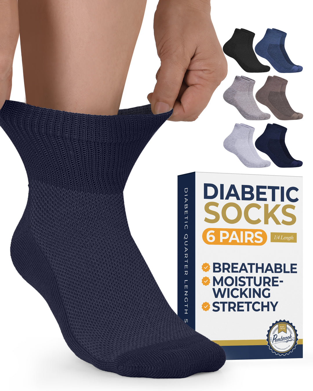 Navy diabetic sock being worn with a box of six pairs of diabetic socks on a white background.