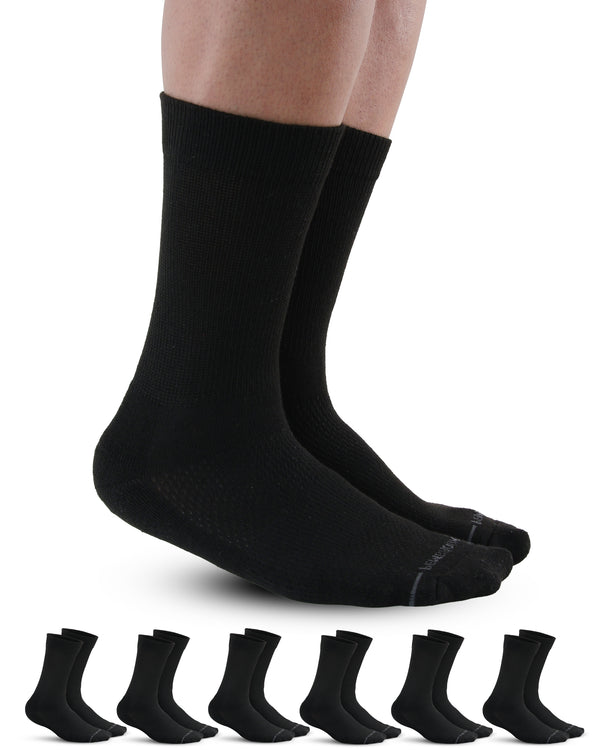 Black socks on feet with a row of black socks below on a white background