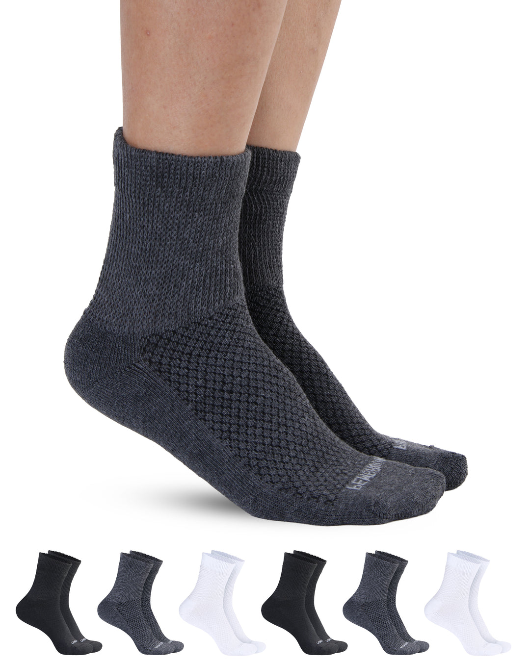 Gray socks being worn with a set of six pairs displayed below on a white background.