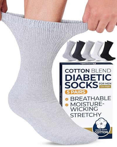Pembrook Cotton Diabetic Socks for Men - 5 Pairs Crew Diabetic Socks for Men 9-12 & 12-15, Non-Binding, Moisture-Wicking