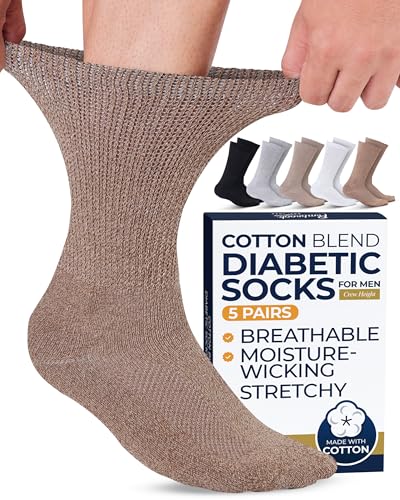 Pembrook Cotton Diabetic Socks for Men - 5 Pairs Crew Diabetic Socks for Men 9-12 & 12-15, Non-Binding, Moisture-Wicking