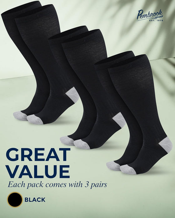 Pembrook 3 Pairs Plus Size Compression Socks Wide Calf - 15-20 mmHg Bamboo Viscose Compression Socks for Women Wide Calf