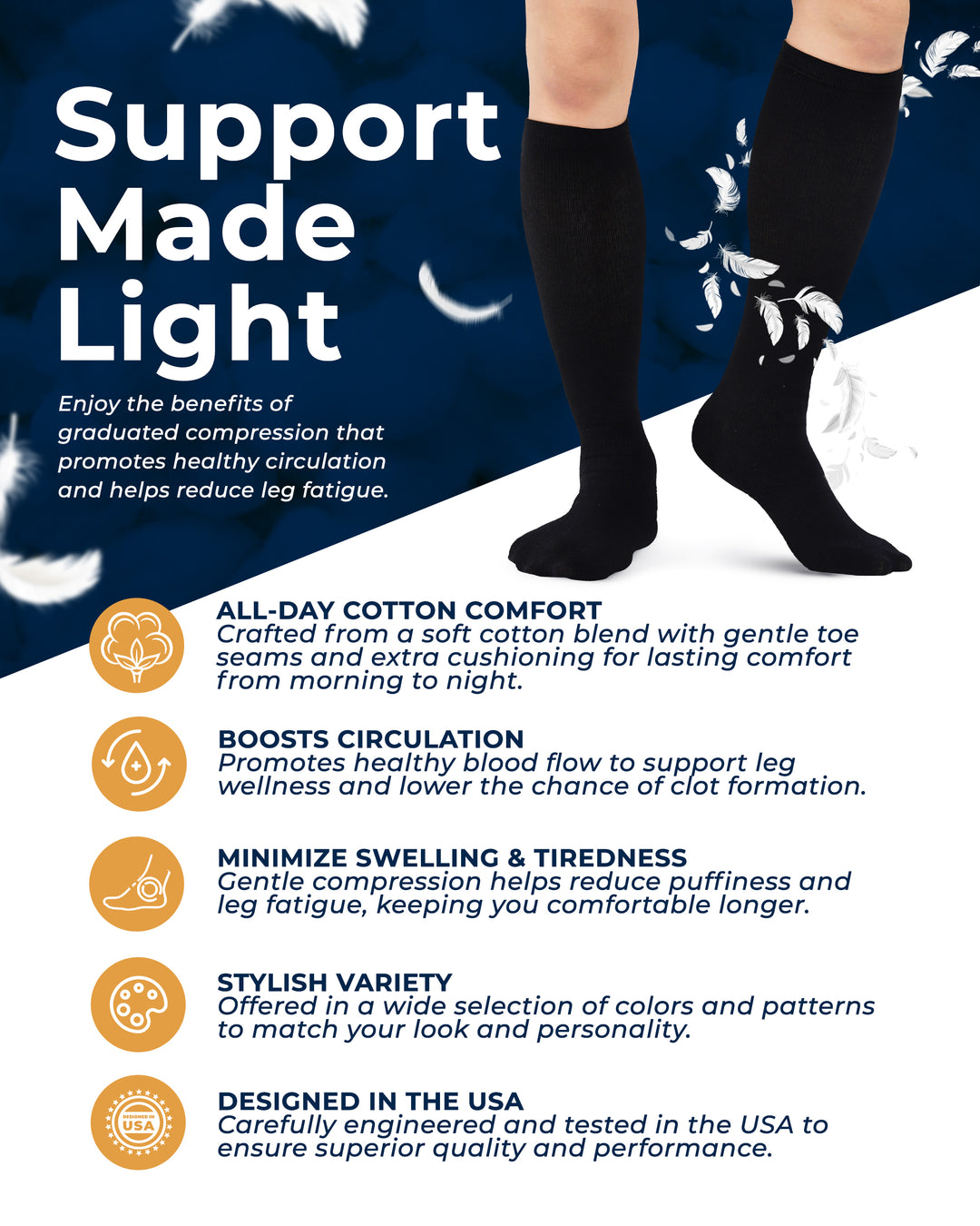 Pembrook Cotton Light Compression Socks for Men &amp; Women - 3 Pairs | 8-15 mmHg