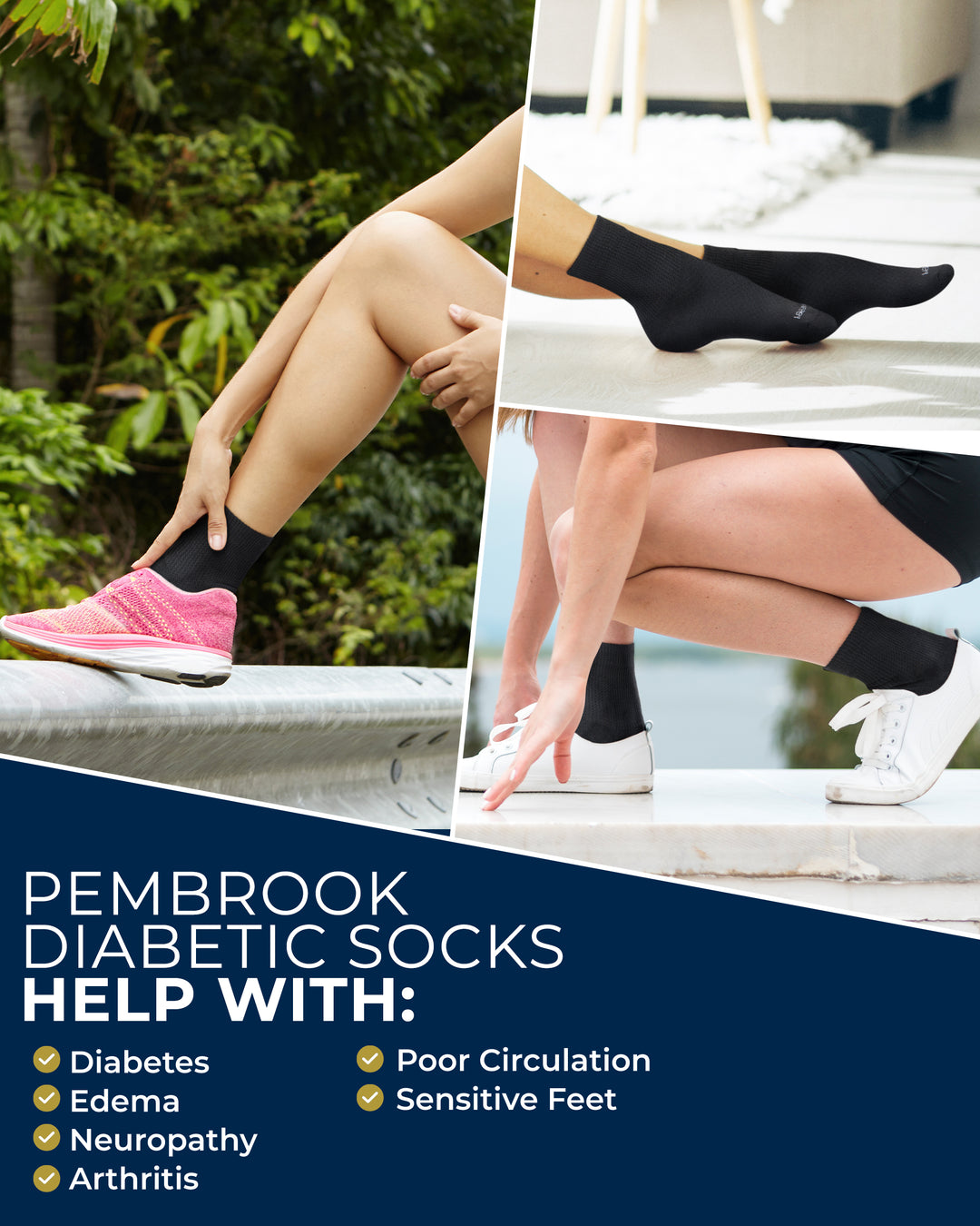 Collage of people wearing black diabetic socks with outdoor and poolside backgrounds, promoting Pembrook diabetic socks.