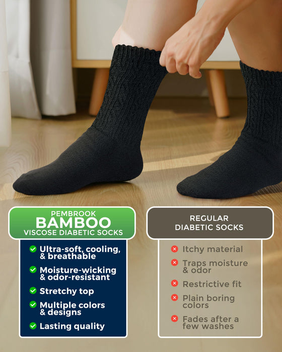 Pembrook Diabetic Socks for Women - 6 Pairs Cable Knit Viscose Bamboo Socks Woman, Non-Binding Top, Moisture-Wicking