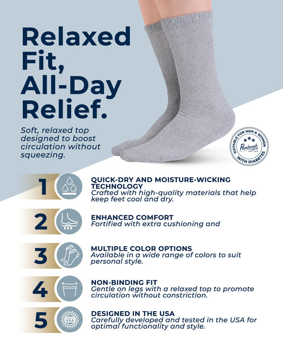 Pembrook Cotton Diabetic Socks for Men - 5 Pairs Crew Diabetic Socks for Men 9-12 & 12-15, Non-Binding, Moisture-Wicking