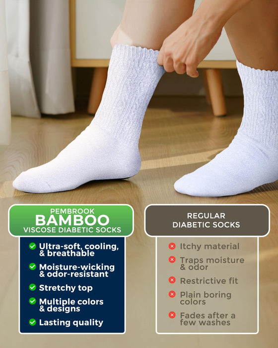 Pembrook Diabetic Socks for Women - 6 Pairs Cable Knit Viscose Bamboo Socks Woman, Non-Binding Top, Moisture-Wicking