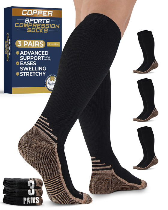 Pembrook 3 Pairs Copper Compression Socks for Women & Men - Compression Socks 20-30 mmHg, Running, Nursing, Pregnancy, Travel