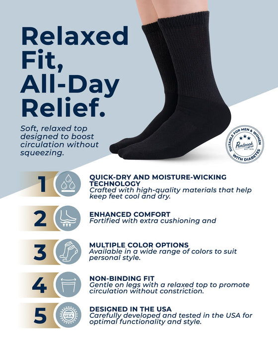 Pembrook Cotton Diabetic Socks for Men - 5 Pairs Crew Diabetic Socks for Men 9-12 & 12-15, Non-Binding, Moisture-Wicking