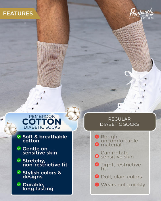 Pembrook Cotton Diabetic Socks for Men - 5 Pairs Crew Diabetic Socks for Men 9-12 & 12-15, Non-Binding, Moisture-Wicking