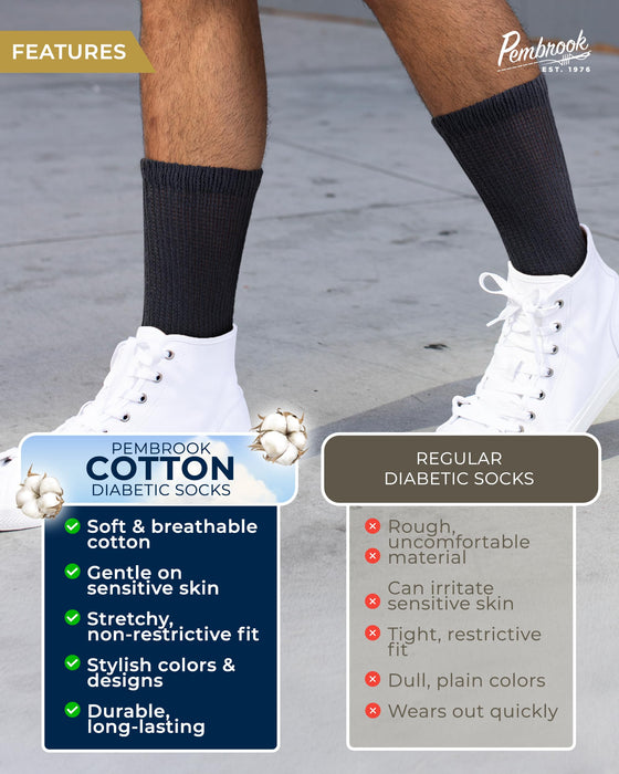 Pembrook Cotton Diabetic Socks for Men - 5 Pairs Crew Diabetic Socks for Men 9-12 & 12-15, Non-Binding, Moisture-Wicking