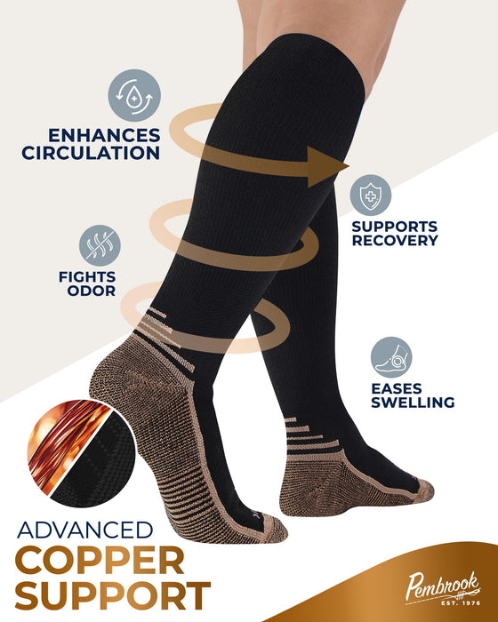 Pembrook 3 Pairs Copper Compression Socks for Women & Men - Compression Socks 20-30 mmHg, Running, Nursing, Pregnancy, Travel