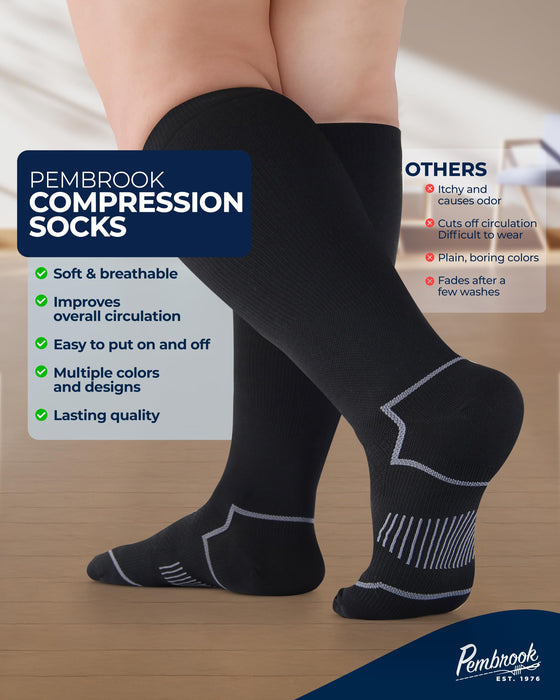 Pembrook Plus Size Compression Socks Wide Calf - 3 Pairs, 20-30mmHg Extra Wide Calf Compression Socks Women & Men, Up to 4XL