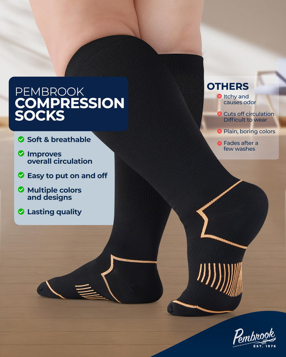 Pembrook Plus Size Compression Socks Wide Calf - 3 Pairs, 20-30mmHg Extra Wide Calf Compression Socks Women & Men, Up to 4XL