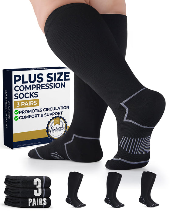 Pembrook Plus Size Compression Socks Wide Calf - 3 Pairs, 20-30mmHg Extra Wide Calf Compression Socks Women & Men, Up to 4XL